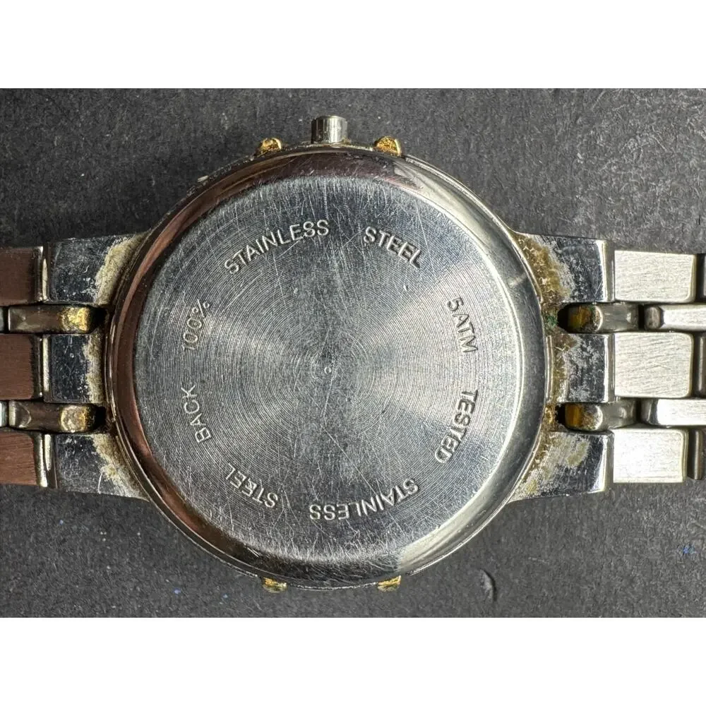 Vintage PB Quartz Moon Phase Date Two Tone Stainless Steel Watch 5ATM